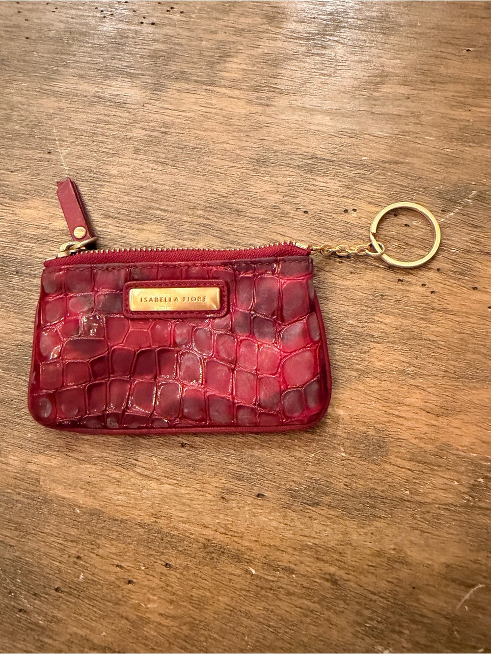 Isabella Fiore Red Croc-Embossed Key & Card Holder with Gold Hardware